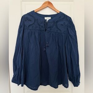 Calypso St. Barth Navy Blue Eyelet Embroidered Boho Peasant Blouse Tunic Top 2X